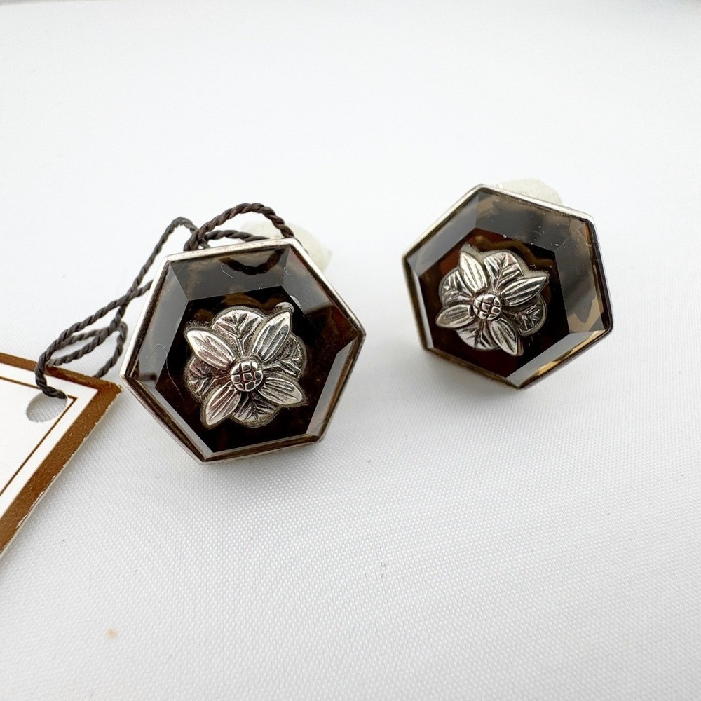 Stephen Dweck Sterling Silver‎ Smokey Quartz Hexagon Flower Clip On Earrings